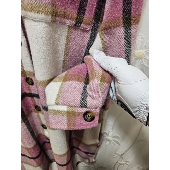Womens XL Pink Black Jacket Plaid Oversized Thick Flannel Farm Barn Coat Tunic - Picture 4 of 16